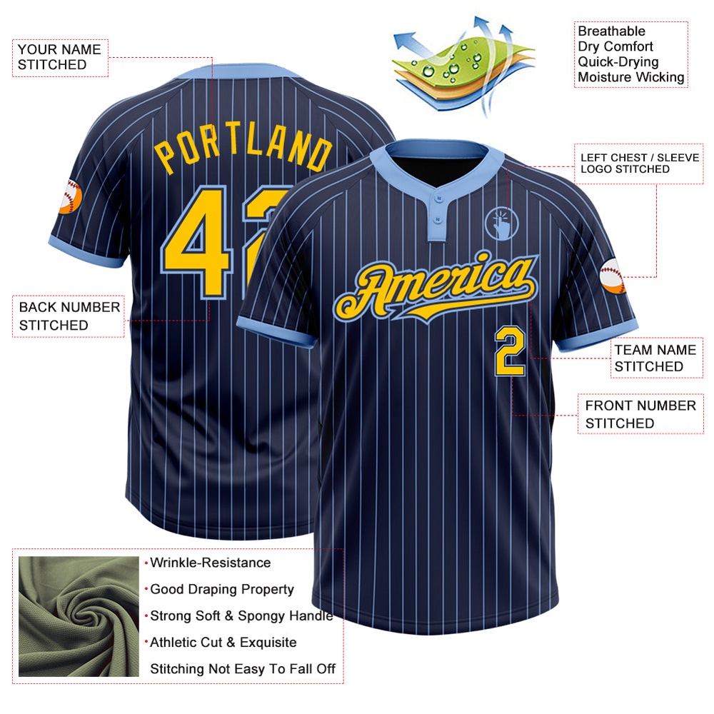 Navy Light Blue Pinstripe Yellow Two Button Unisex Softball Jersey, Custom Team Softball Jersey