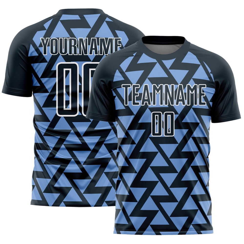 Navy Light Blue White Abstract Geometric Triangles Sublimation Soccer Uniform Jersey, Custom Team Soccer Jersey Shirt Navy Light Blue White Abstract Geometric Triangles Sublimation Soccer Uniform Jersey, Custom Team Soccer Jersey Shirt