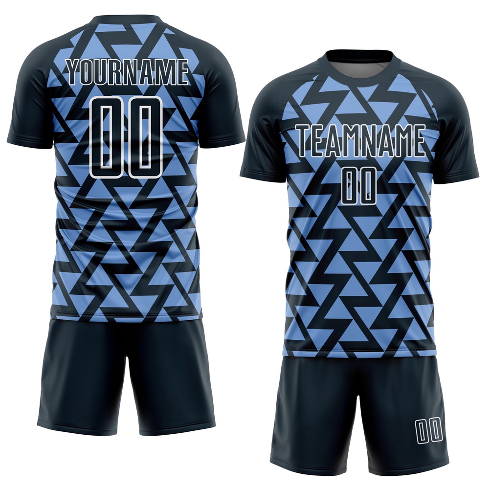 Navy Light Blue White Abstract Geometric Triangles Sublimation Soccer Uniform Jersey, Custom Team Soccer Jersey Shirt Navy Light Blue White Abstract Geometric Triangles Sublimation Soccer Uniform Jersey, Custom Team Soccer Jersey Shirt