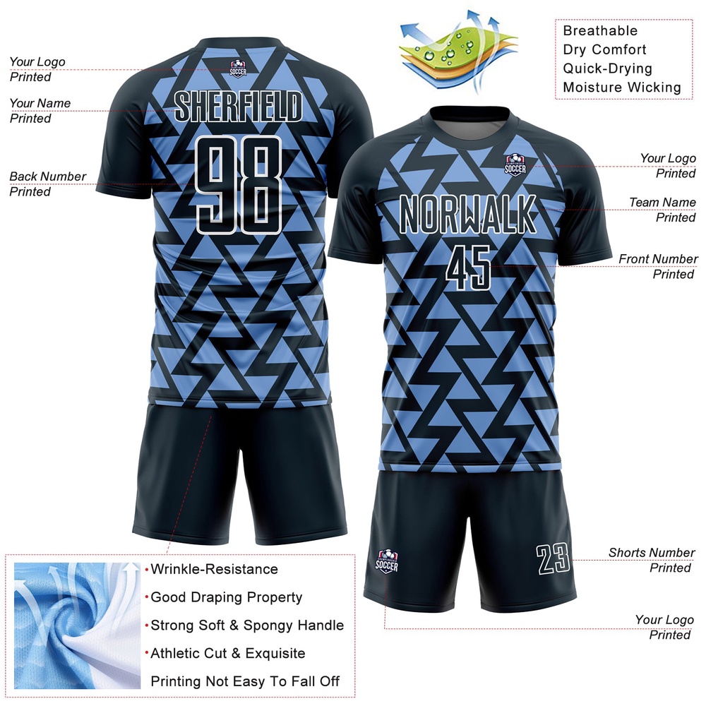 Navy Light Blue White Abstract Geometric Triangles Sublimation Soccer Uniform Jersey, Custom Team Soccer Jersey Shirt Navy Light Blue White Abstract Geometric Triangles Sublimation Soccer Uniform Jersey, Custom Team Soccer Jersey Shirt
