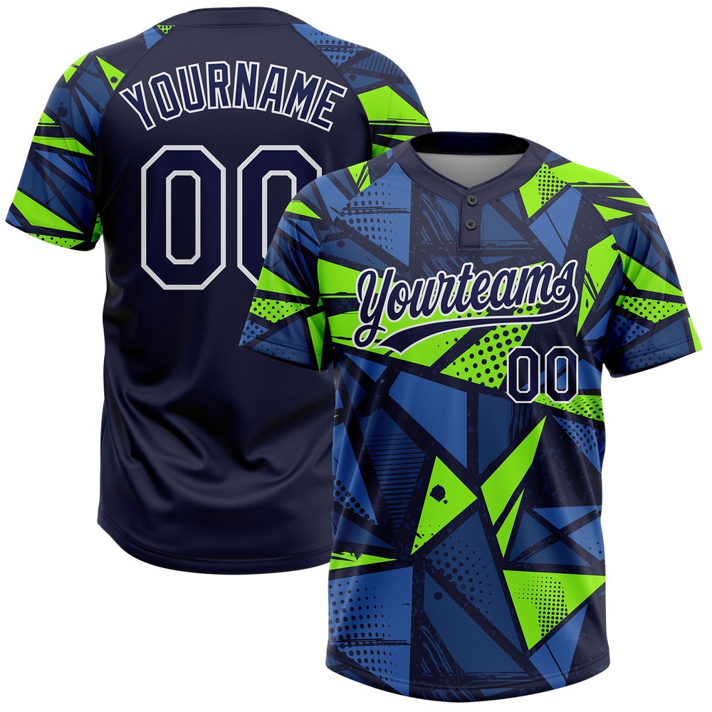Navy Navy Neon Green 3D Pattern Two Button Unisex Softball Jersey, Custom Team Softball Jersey