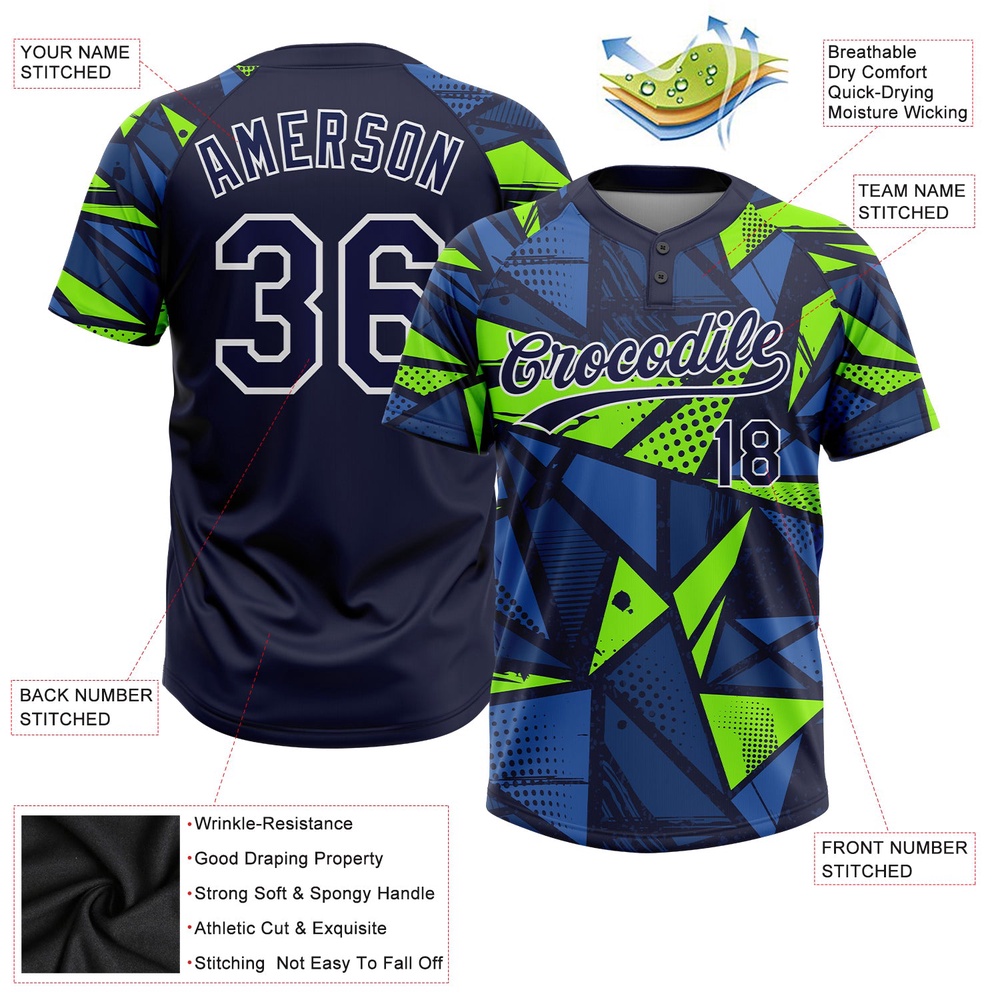 Navy Navy Neon Green 3D Pattern Two Button Unisex Softball Jersey, Custom Team Softball Jersey