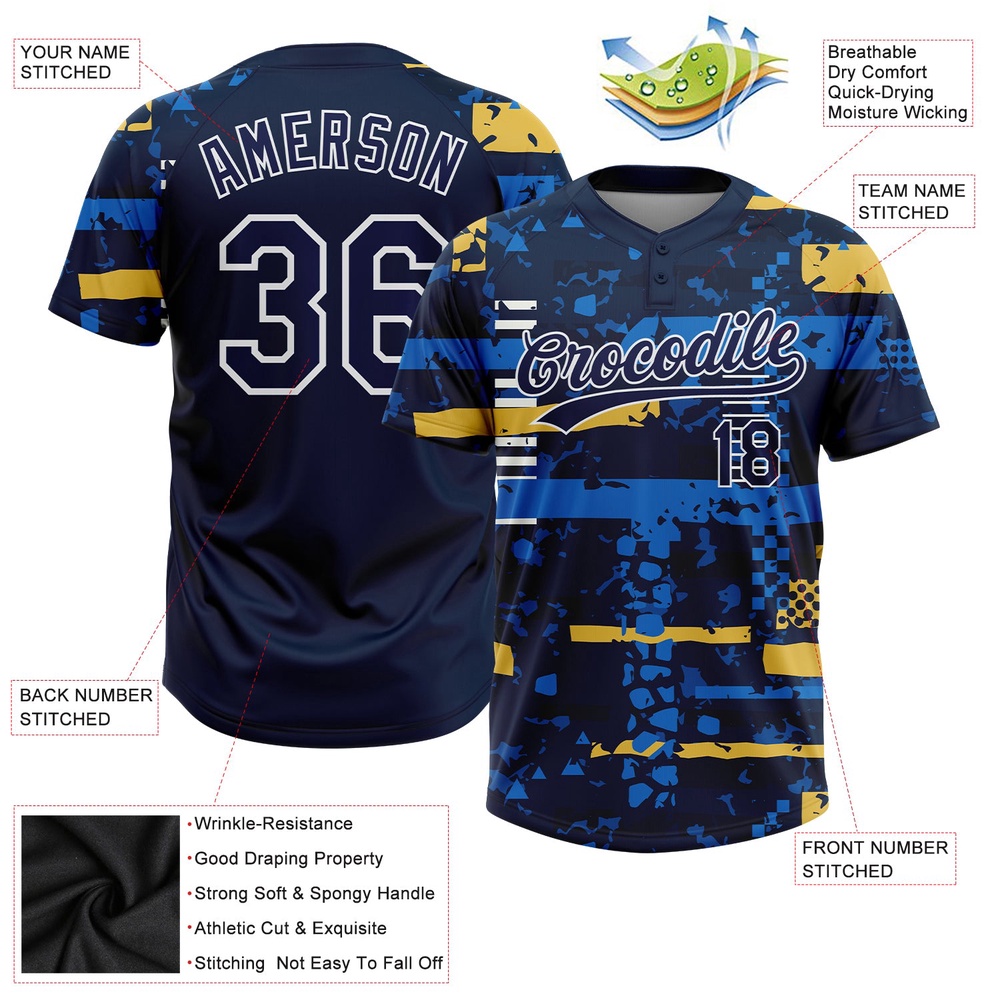 Navy Navy Royal Gold 3D Pattern Two Button Unisex Softball Jersey, Custom Team Softball Jersey Navy Navy Royal Gold 3D Pattern Two Button Unisex Softball Jersey, Custom Team Softball Jersey