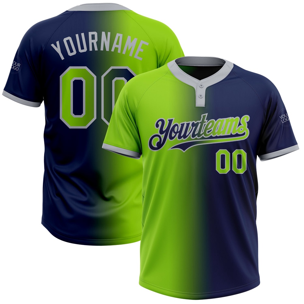 Navy Neon Green Gray Gradient Fashion Two Button Unisex Softball Jersey, Custom Team Softball Jersey
