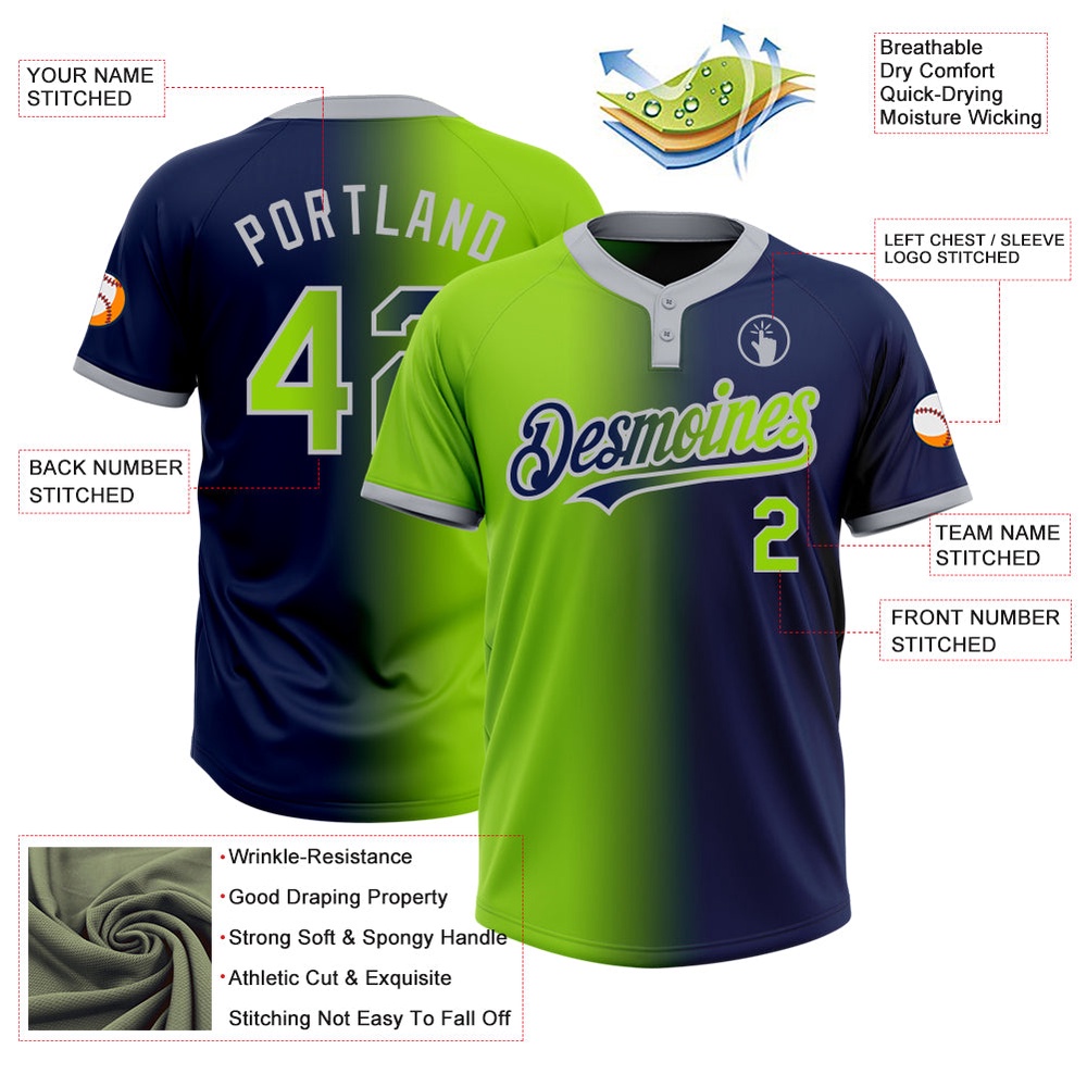 Navy Neon Green Gray Gradient Fashion Two Button Unisex Softball Jersey, Custom Team Softball Jersey