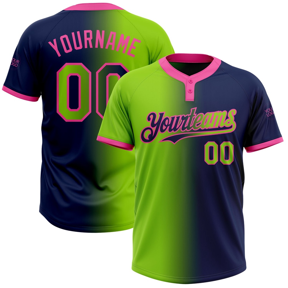Navy Neon Green Pink Gradient Fashion Two Button Unisex Softball Jersey, Custom Team Softball Jersey