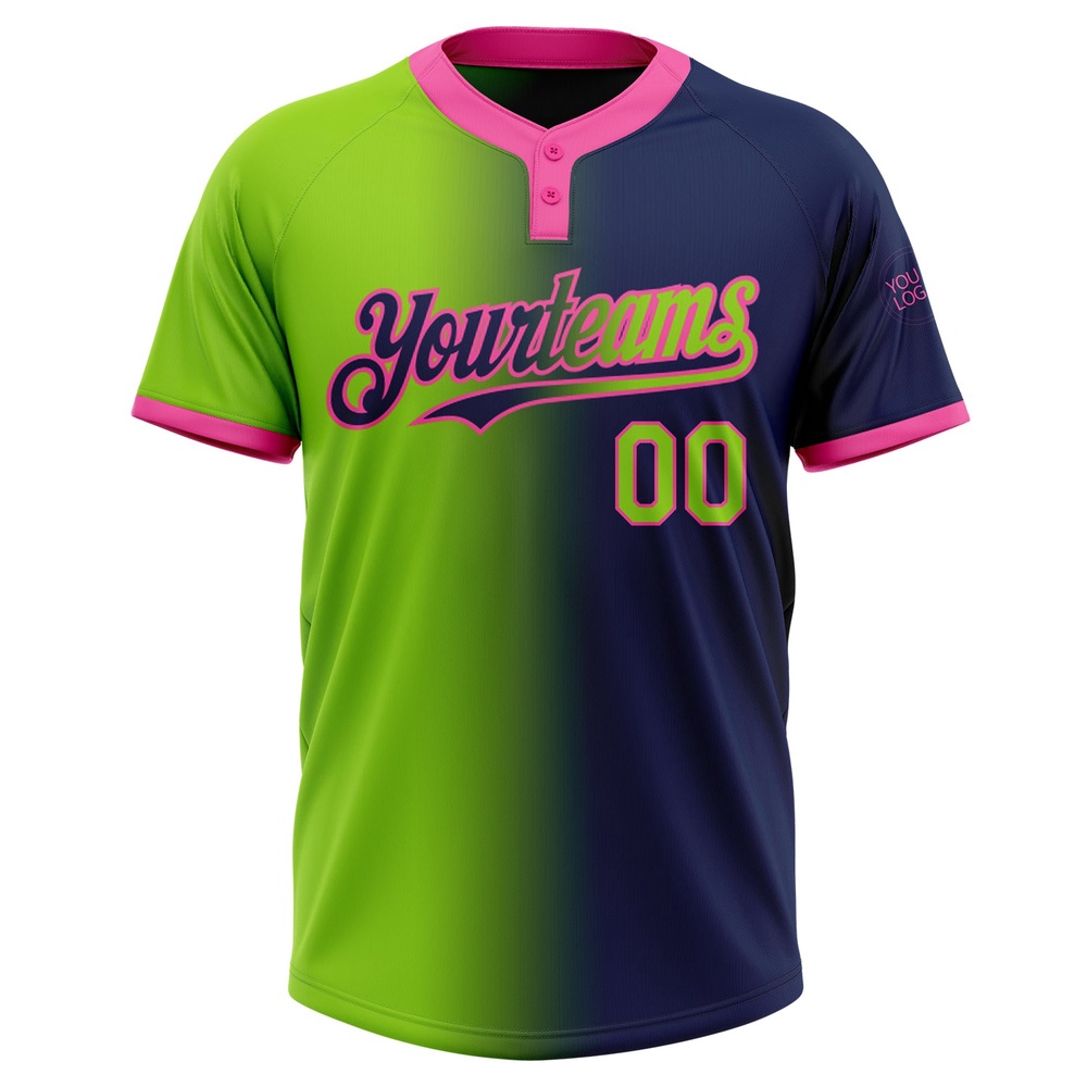 Navy Neon Green Pink Gradient Fashion Two Button Unisex Softball Jersey, Custom Team Softball Jersey
