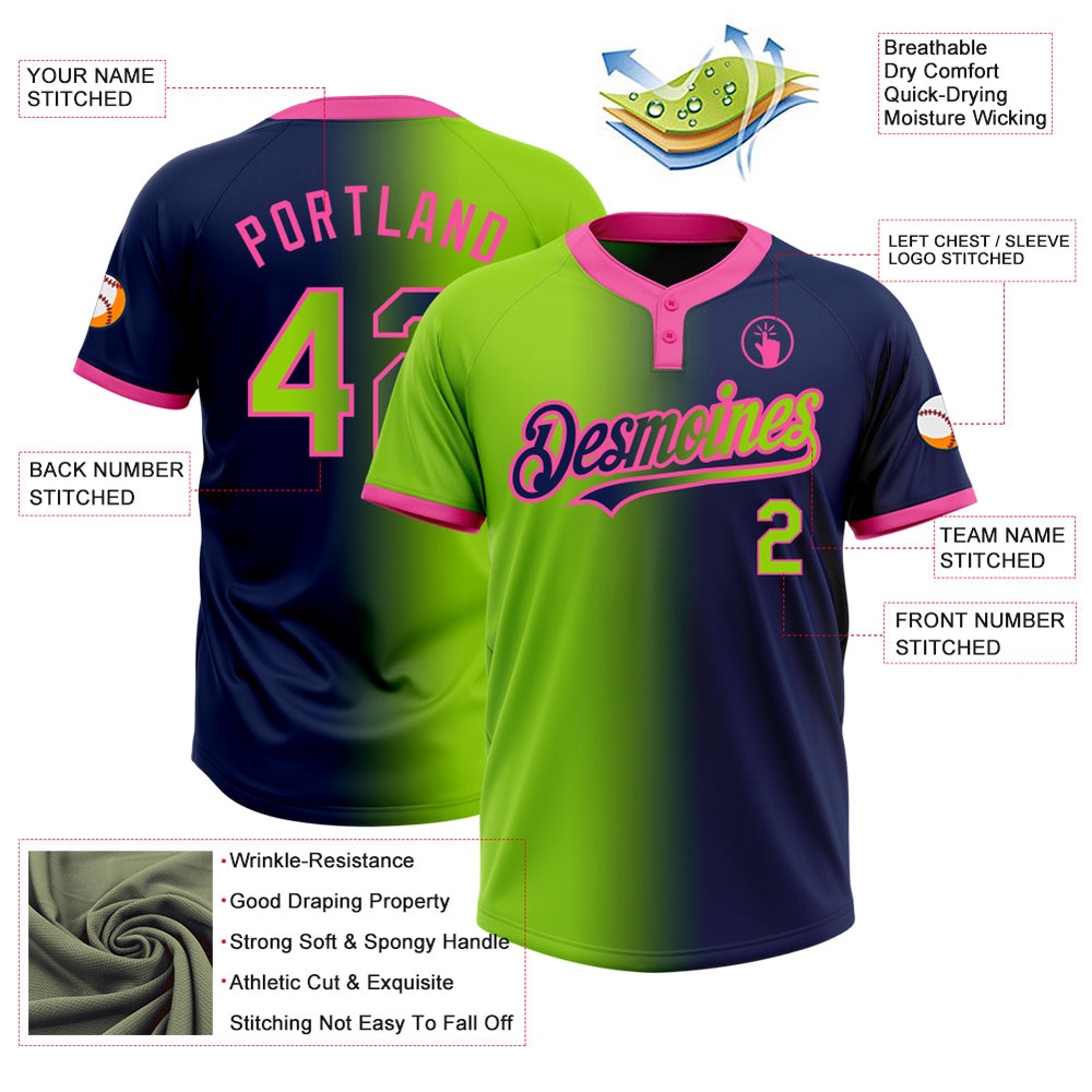 Navy Neon Green Pink Gradient Fashion Two Button Unisex Softball Jersey, Custom Team Softball Jersey