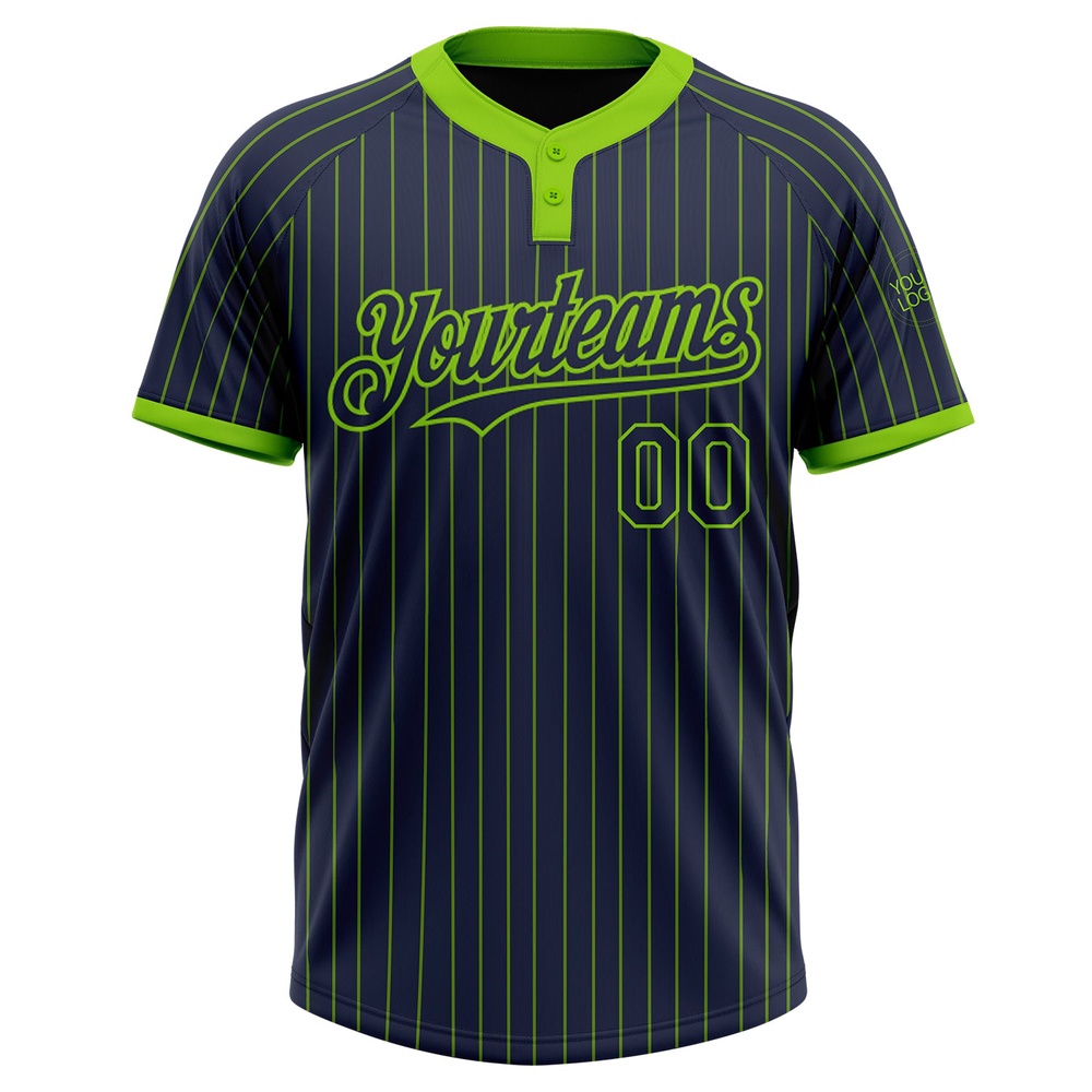 Navy Neon Green Pinstripe Neon Green Two Button Unisex Softball Jersey, Custom Team Softball Jersey