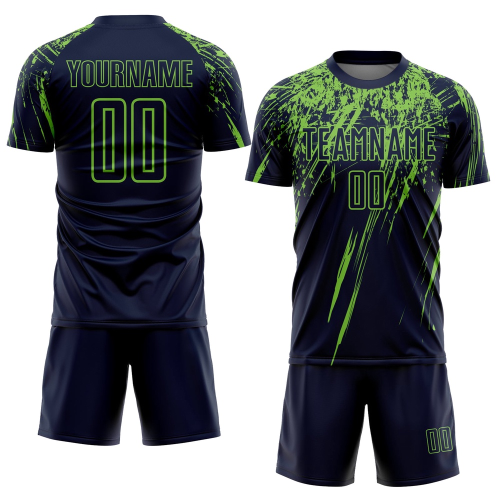 Navy Neon Green Sublimation Soccer Uniform Jersey, Custom Team Soccer Jersey Shirt Navy Neon Green Sublimation Soccer Uniform Jersey, Custom Team Soccer Jersey Shirt