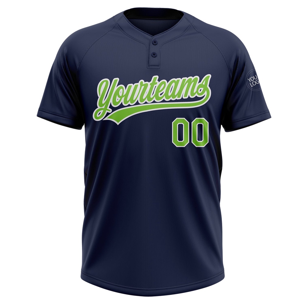 Navy Neon Green White Two Button Unisex Softball Jersey, Custom Team Softball Jersey