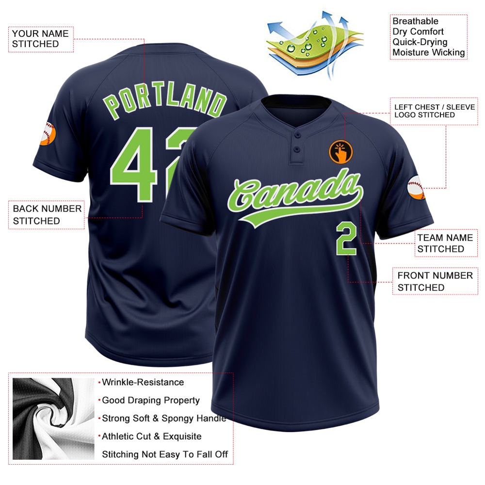 Navy Neon Green White Two Button Unisex Softball Jersey, Custom Team Softball Jersey