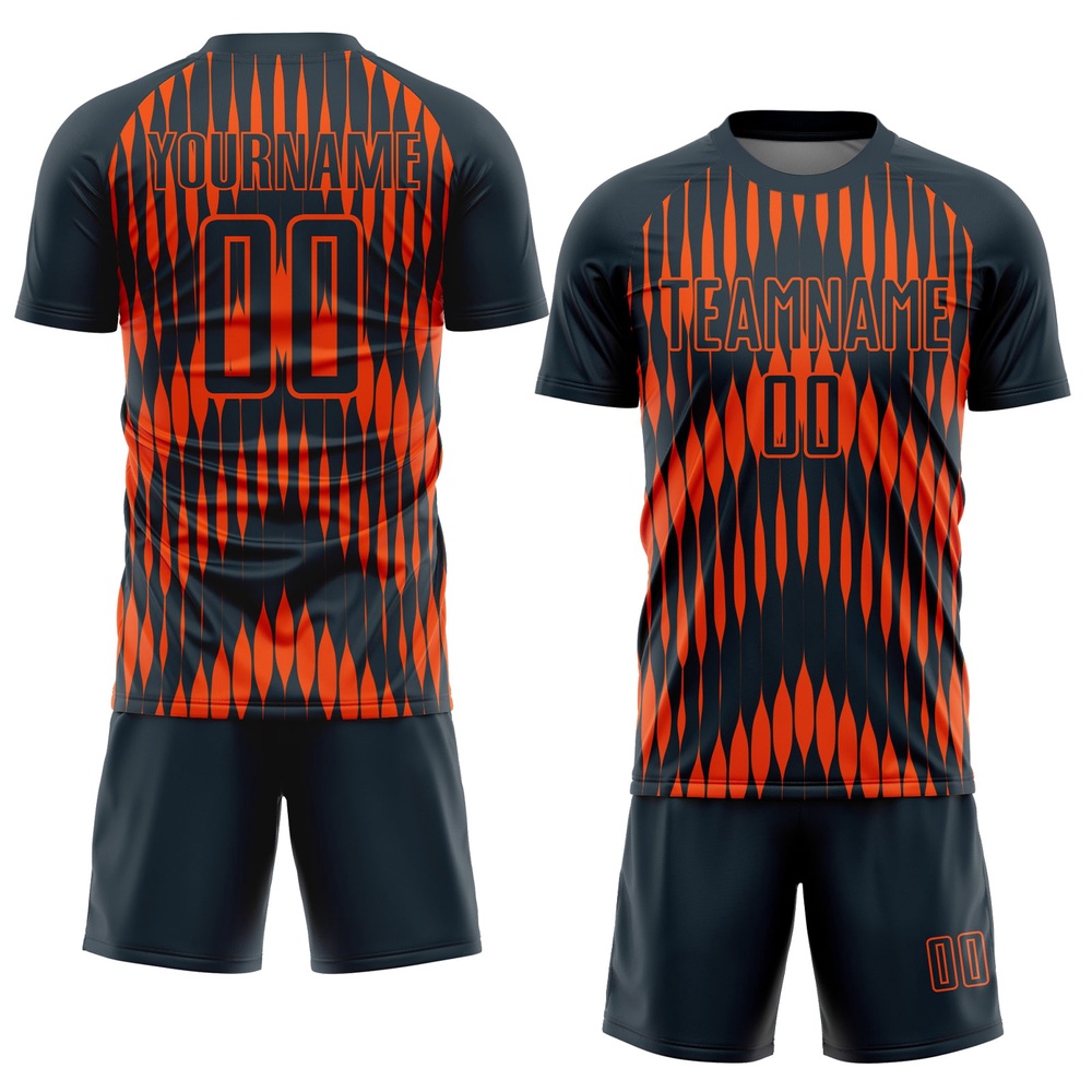 Navy Orange Abstract Triangle Sublimation Soccer Uniform Jersey, Custom Team Soccer Jersey Shirt