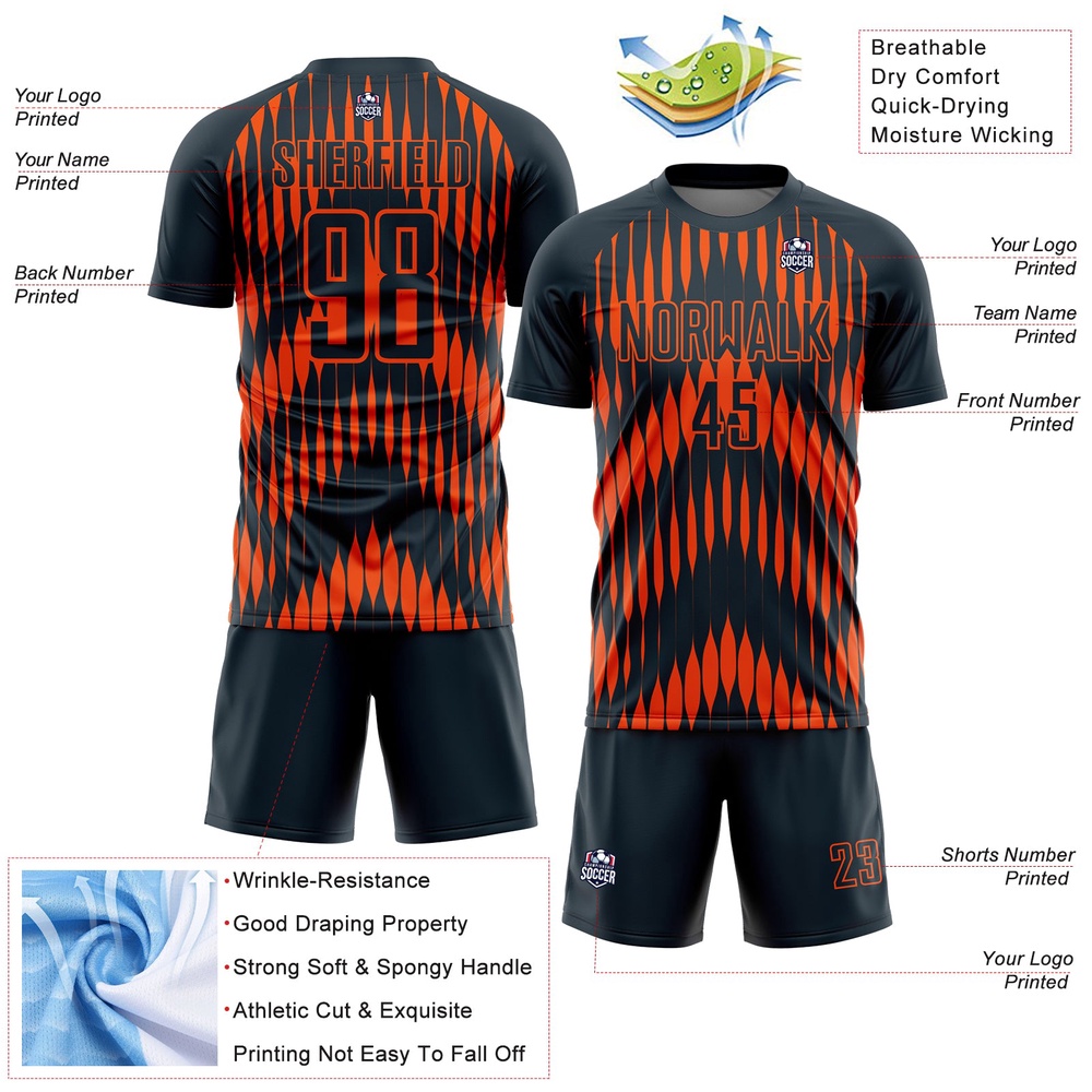 Navy Orange Abstract Triangle Sublimation Soccer Uniform Jersey, Custom Team Soccer Jersey Shirt
