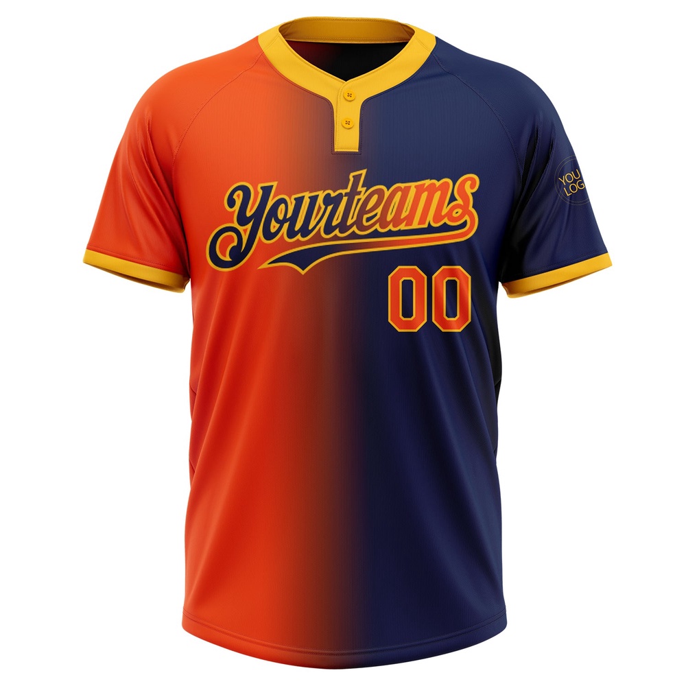 Navy Orange Gold Gradient Fashion Two Button Unisex Softball Jersey, Custom Team Softball Jersey