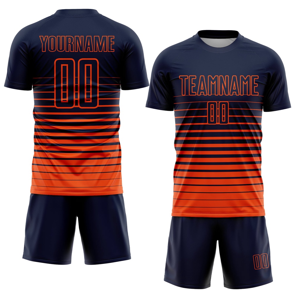 Navy Orange Pinstripe Fade Fashion Sublimation Soccer Uniform Jersey, Custom Team Soccer Jersey Shirt