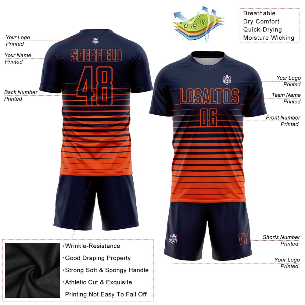 Navy Orange Pinstripe Fade Fashion Sublimation Soccer Uniform Jersey, Custom Team Soccer Jersey Shirt
