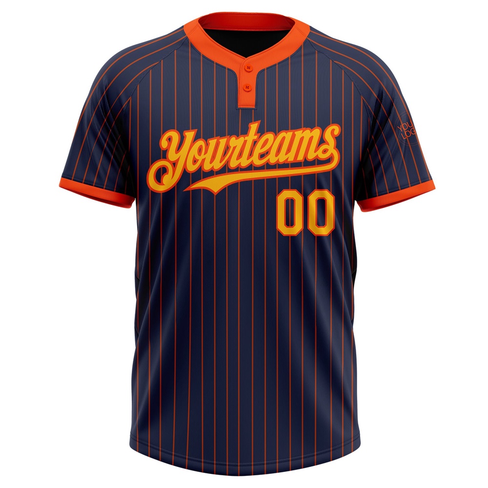 Navy Orange Pinstripe Gold Two Button Unisex Softball Jersey, Custom Team Softball Jersey