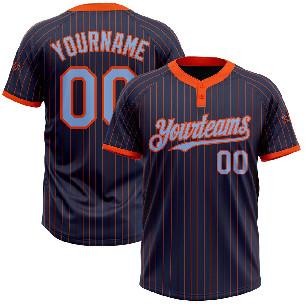 Navy Orange Pinstripe Light Blue Two Button Unisex Softball Jersey, Custom Team Softball Jersey