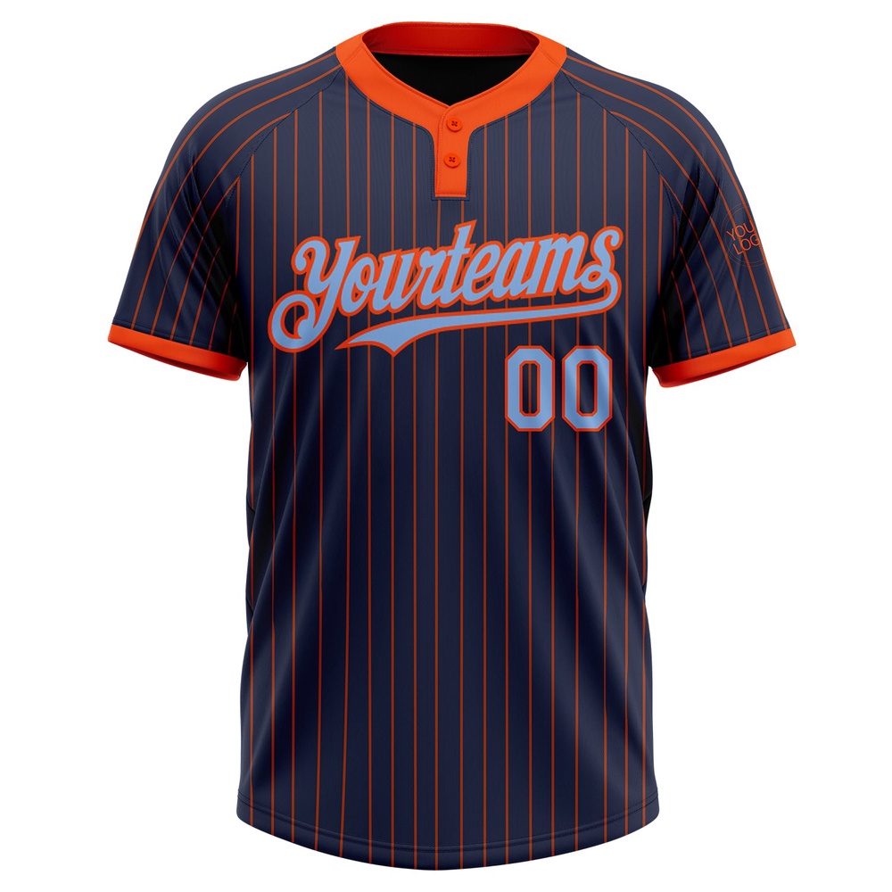 Navy Orange Pinstripe Light Blue Two Button Unisex Softball Jersey, Custom Team Softball Jersey