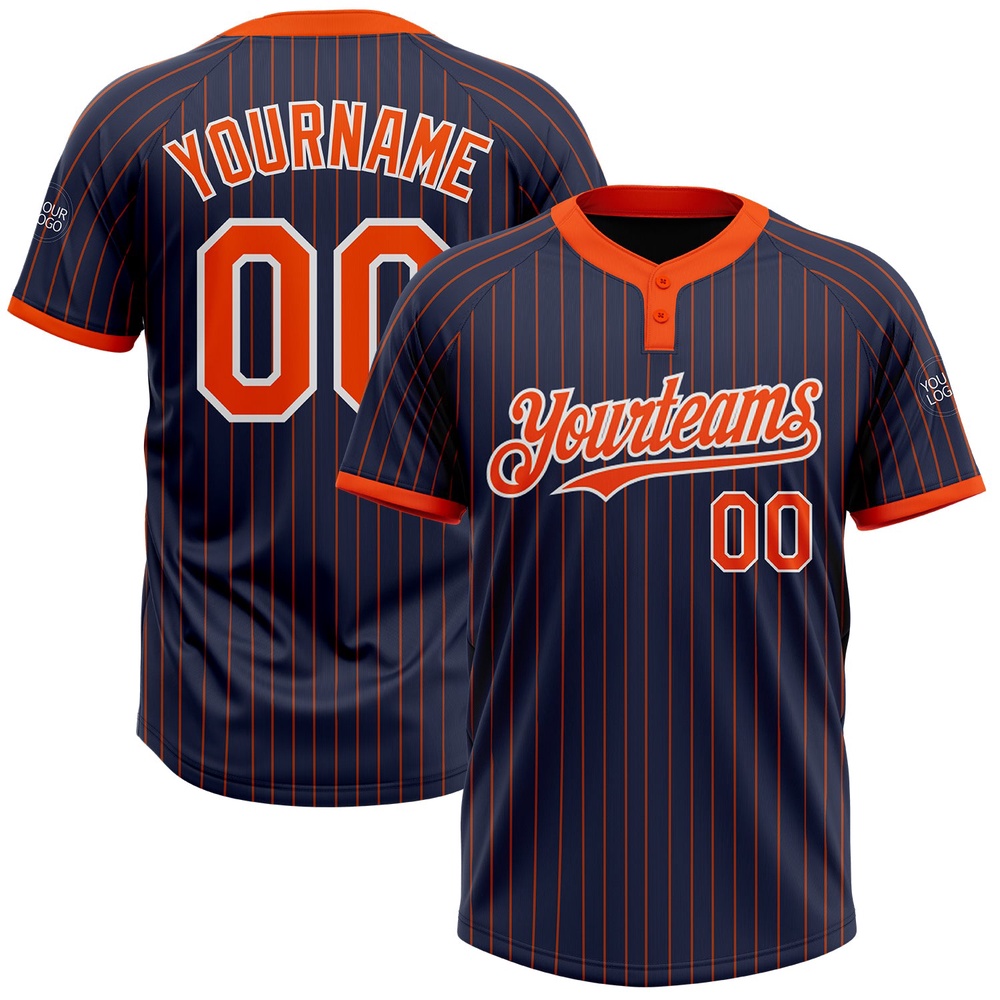 Navy Orange Pinstripe White Two Button Unisex Softball Jersey, Custom Team Softball Jersey Navy Orange Pinstripe White Two Button Unisex Softball Jersey, Custom Team Softball Jersey