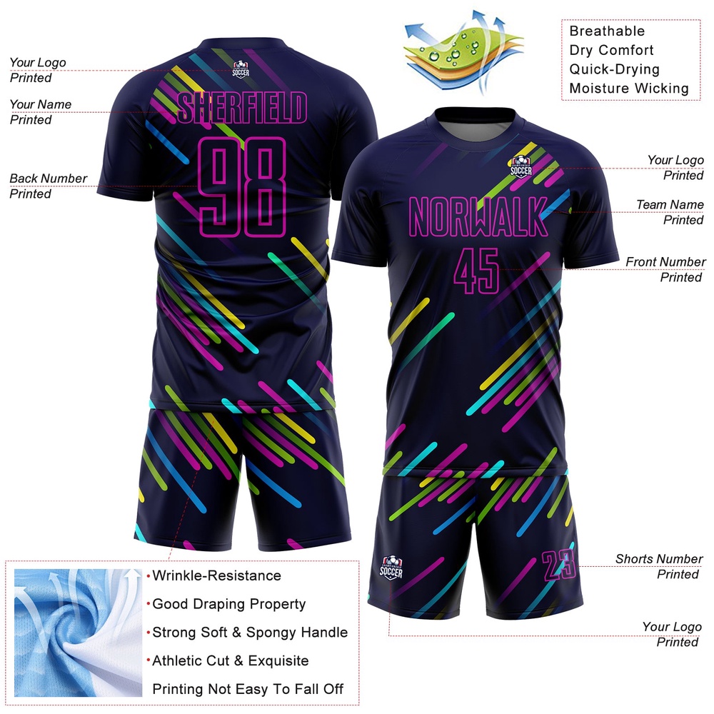 Navy Pink Lines Sublimation Soccer Uniform Jersey, Custom Team Soccer Jersey Shirt
