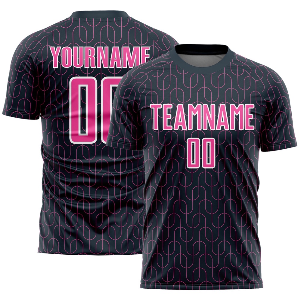 Navy Pink White Geometric Pattern Sublimation Soccer Uniform Jersey, Custom Team Soccer Jersey Shirt