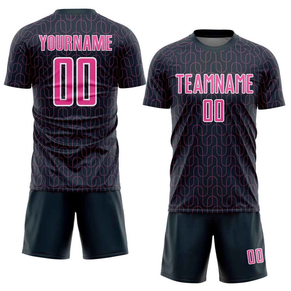 Navy Pink White Geometric Pattern Sublimation Soccer Uniform Jersey, Custom Team Soccer Jersey Shirt