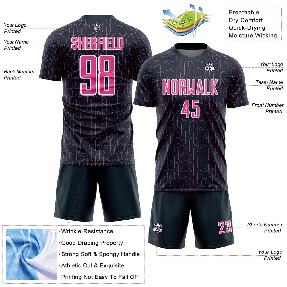 Navy Pink White Geometric Pattern Sublimation Soccer Uniform Jersey, Custom Team Soccer Jersey Shirt