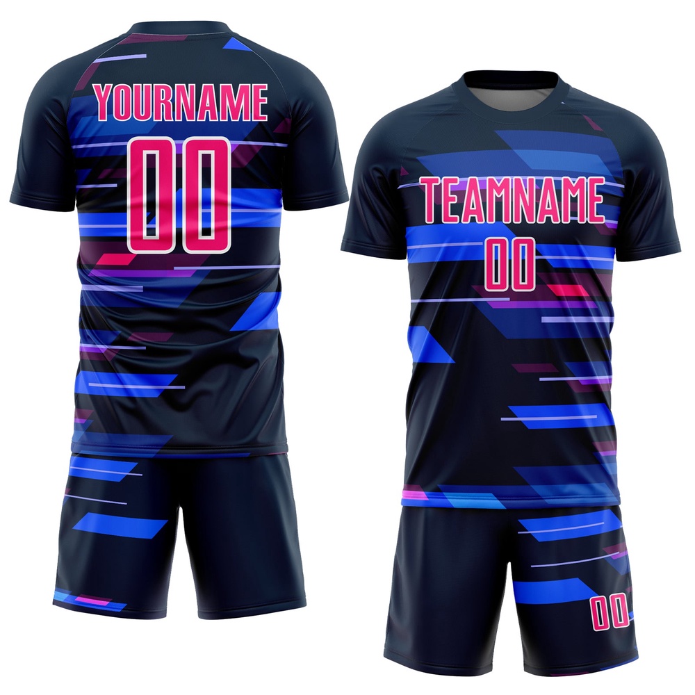 Navy Pink White Geometric Shapes Sublimation Soccer Uniform Jersey, Custom Team Soccer Jersey Shirt