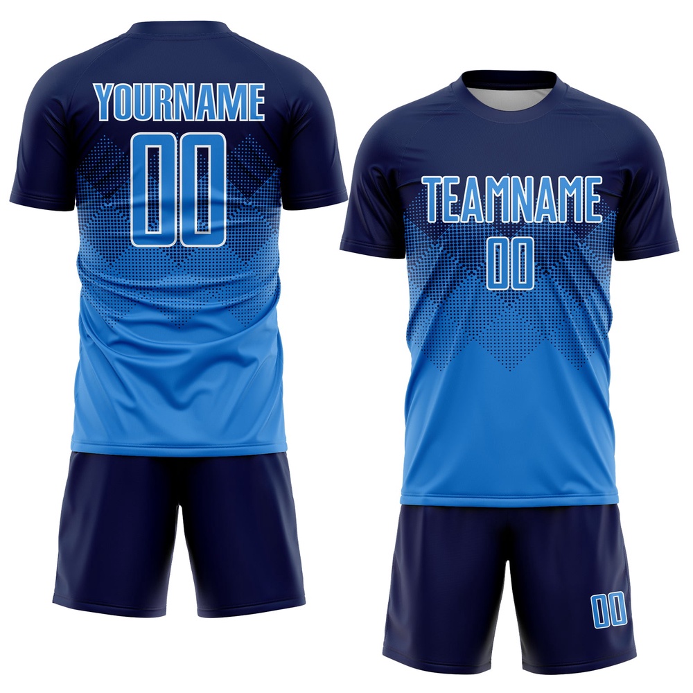 Navy Powder Blue White Sublimation Soccer Uniform Jersey, Custom Team Soccer Jersey Shirt Navy Powder Blue White Sublimation Soccer Uniform Jersey, Custom Team Soccer Jersey Shirt