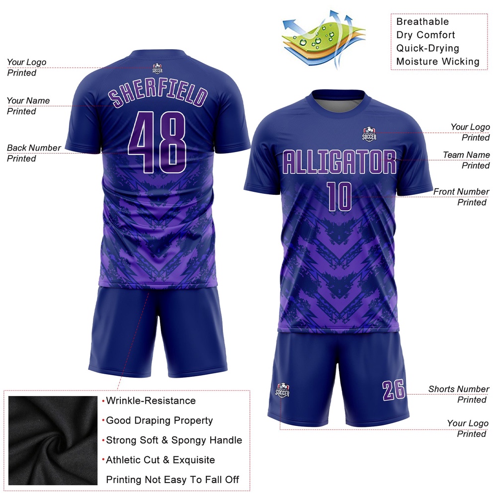 Navy Purple White Sublimation Soccer Uniform Jersey, Custom Team Soccer Jersey Shirt