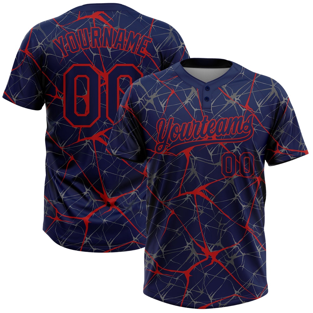 Navy Red 3D Pattern Abstract Network Two Button Unisex Softball Jersey, Custom Team Softball Jersey