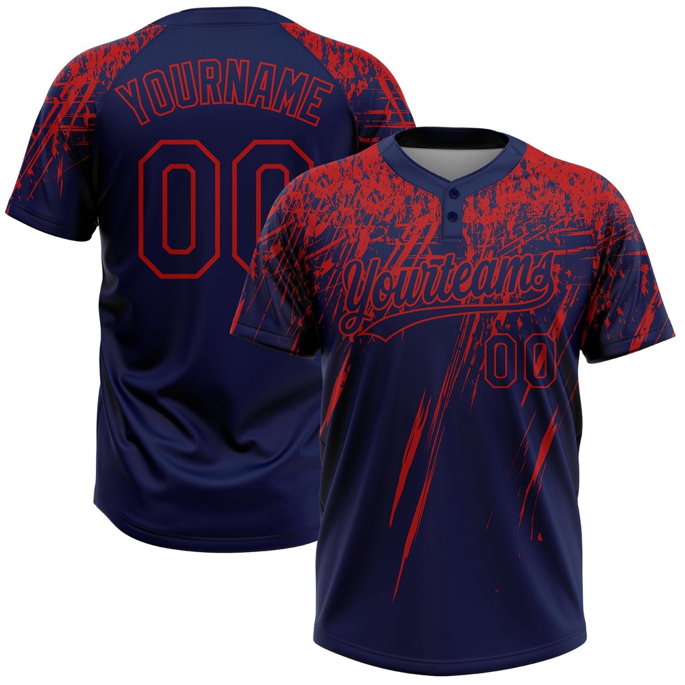 Navy Red 3D Pattern Abstract Sharp Shape Two Button Unisex Softball Jersey, Custom Team Softball Jersey