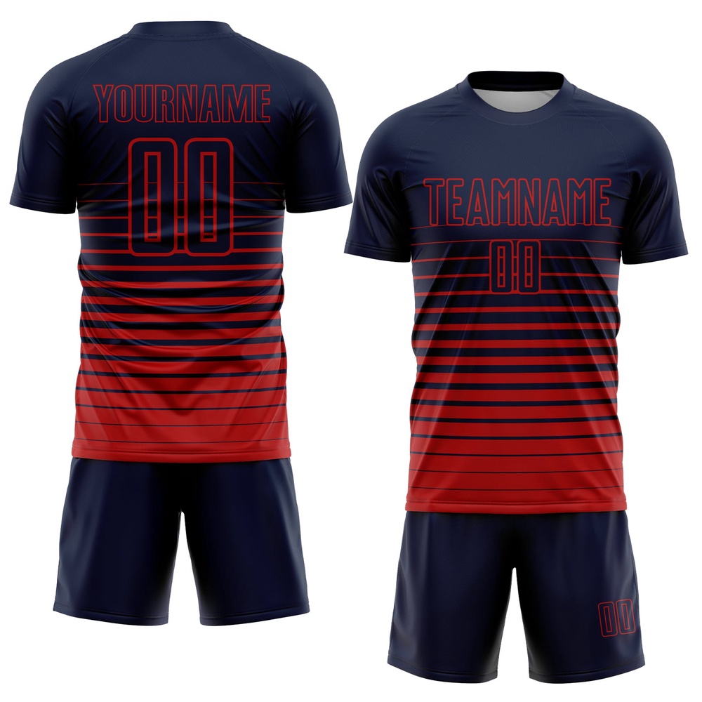 Navy Red Pinstripe Fade Fashion Sublimation Soccer Uniform Jersey, Custom Team Soccer Jersey Shirt