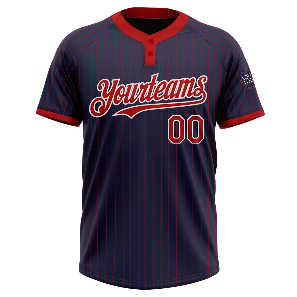 Navy Red Pinstripe White Two Button Unisex Softball Jersey, Custom Team Softball Jersey