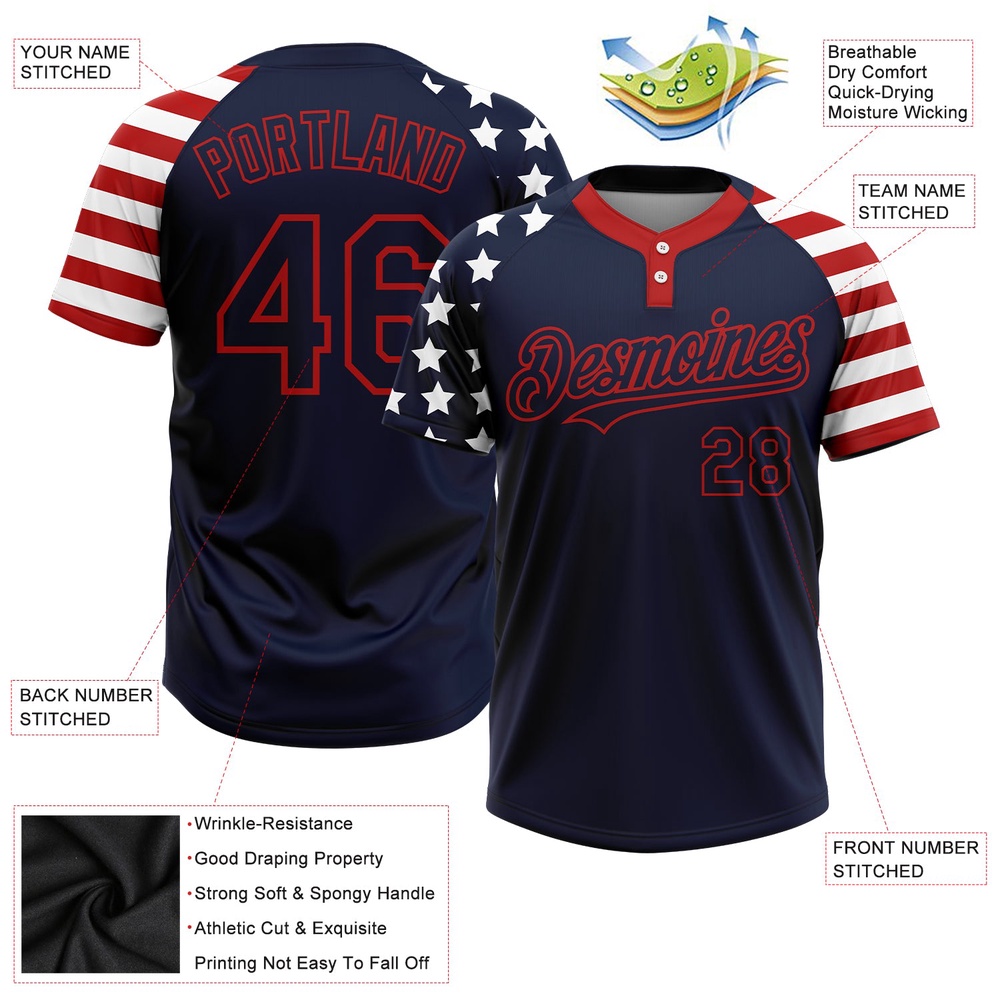 Navy Red White 3D American Flag Fashion Two Button Unisex Softball Jersey, Custom Team Softball Jersey Navy Red White 3D American Flag Fashion Two Button Unisex Softball Jersey, Custom Team Softball Jersey