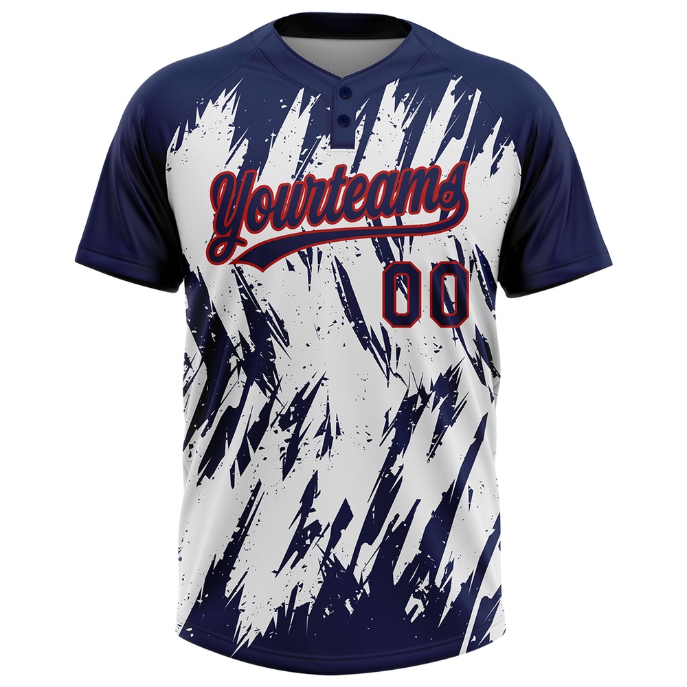Navy Red White 3D Pattern Abstract Sharp Shape Two Button Unisex Softball Jersey, Custom Team Softball Jersey