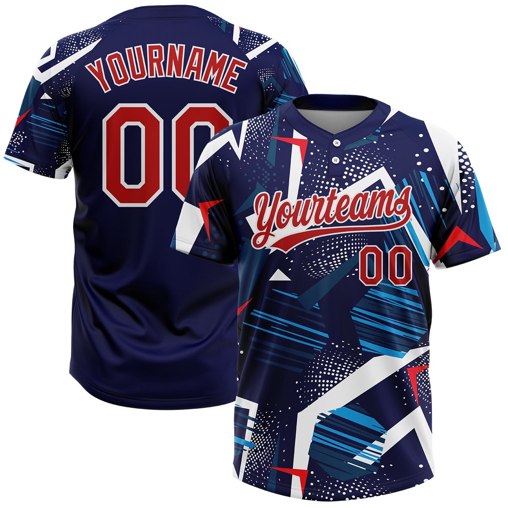 Navy Red White 3D Pattern Two Button Unisex Softball Jersey, Custom Team Softball Jersey Navy Red White 3D Pattern Two Button Unisex Softball Jersey, Custom Team Softball Jersey