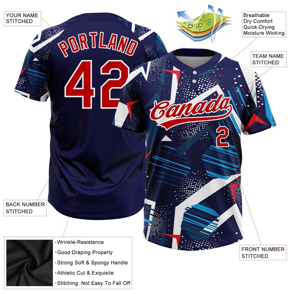Navy Red White 3D Pattern Two Button Unisex Softball Jersey, Custom Team Softball Jersey Navy Red White 3D Pattern Two Button Unisex Softball Jersey, Custom Team Softball Jersey