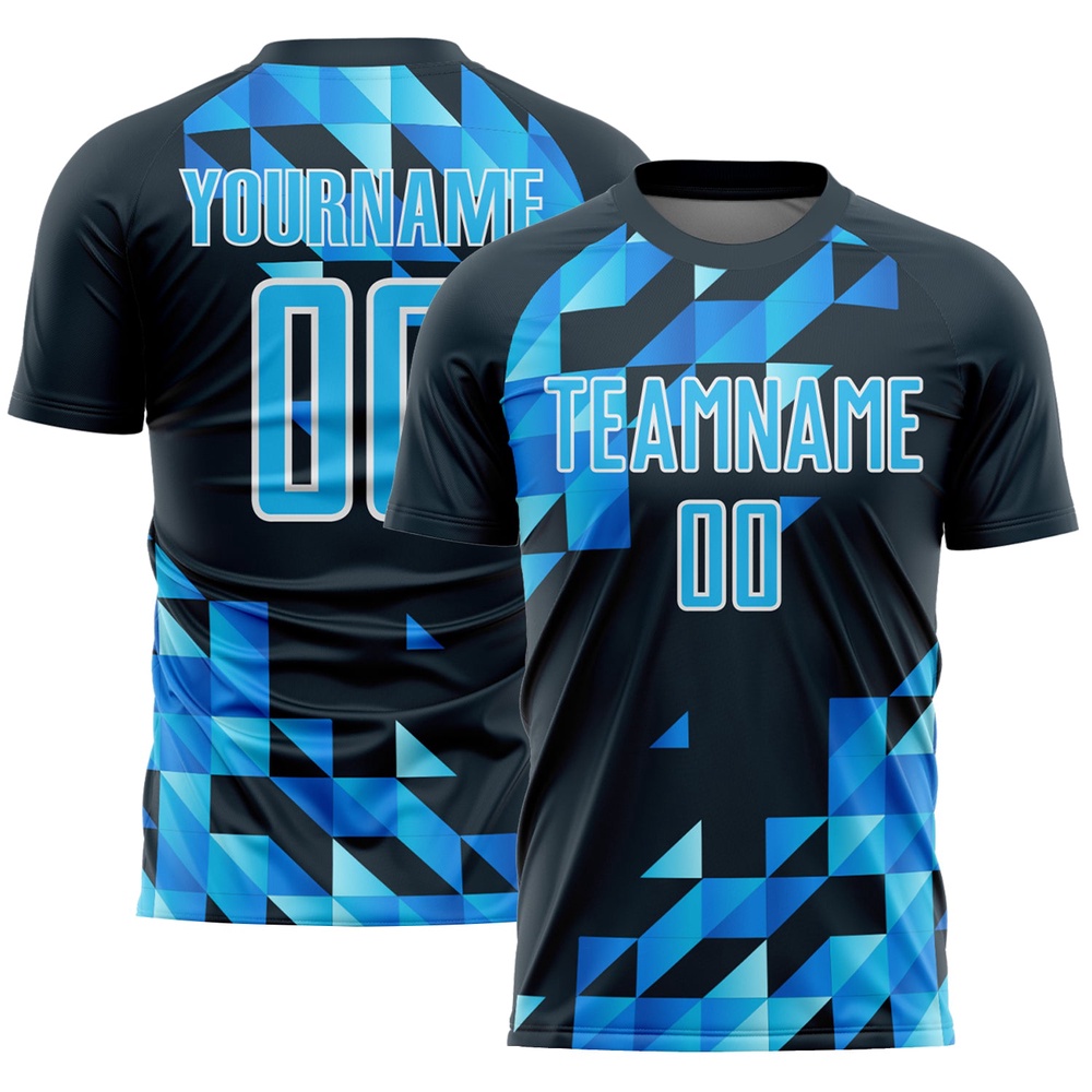 Navy Sky Blue White Geometric Shapes Sublimation Soccer Uniform Jersey, Custom Team Soccer Jersey Shirt