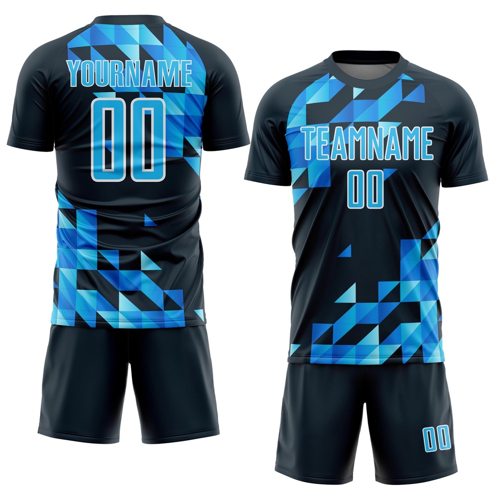 Navy Sky Blue White Geometric Shapes Sublimation Soccer Uniform Jersey, Custom Team Soccer Jersey Shirt