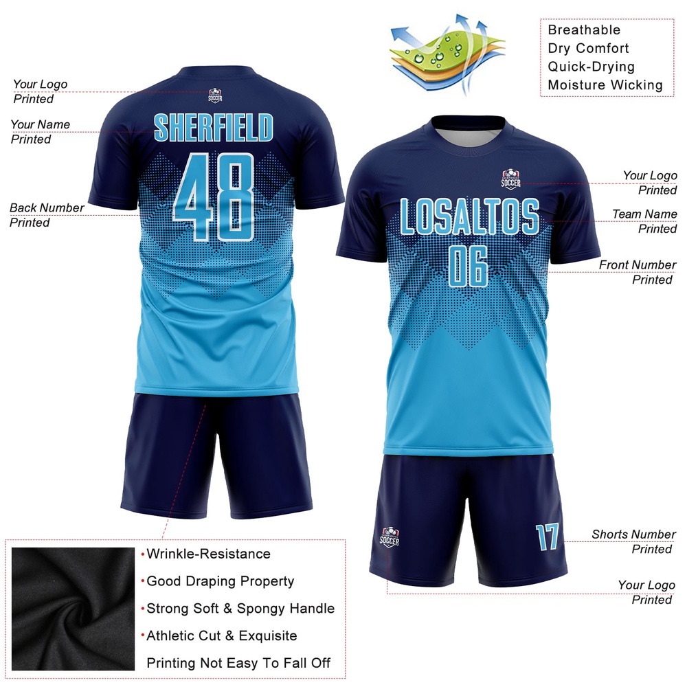 Navy Sky Blue White Sublimation Soccer Uniform Jersey, Custom Team Soccer Jersey Shirt