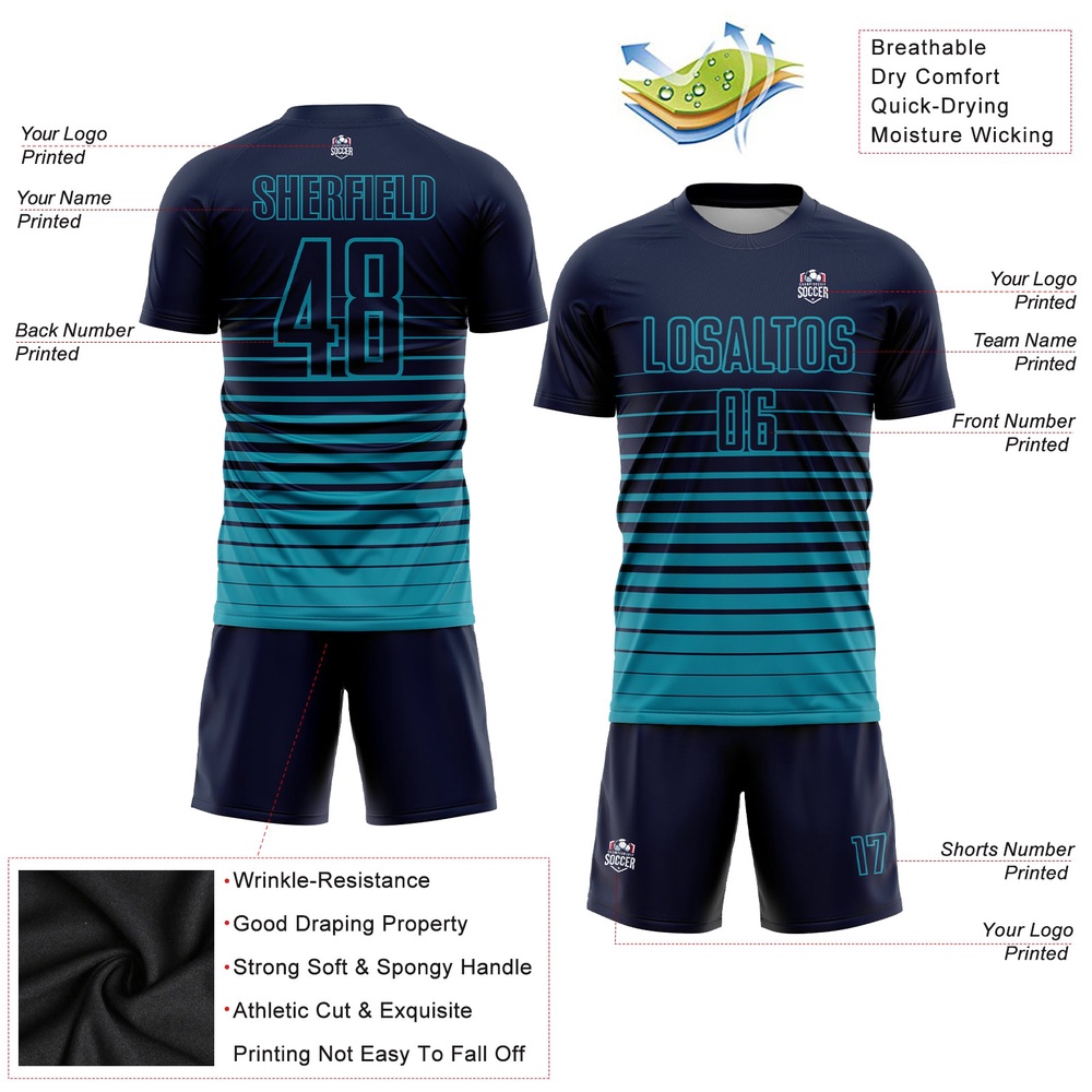 Navy Teal Pinstripe Fade Fashion Sublimation Soccer Uniform Jersey, Custom Team Soccer Jersey Shirt Navy Teal Pinstripe Fade Fashion Sublimation Soccer Uniform Jersey, Custom Team Soccer Jersey Shirt