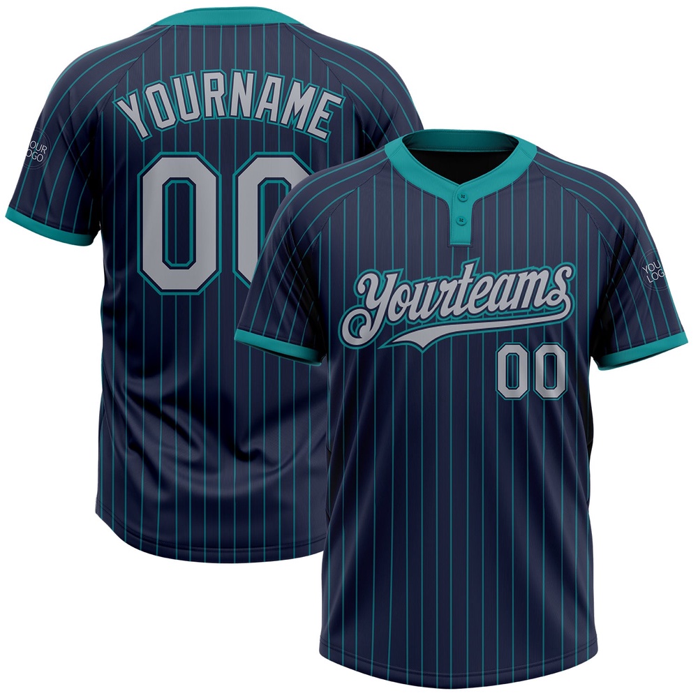 Navy Teal Pinstripe Gray Two Button Unisex Softball Jersey, Custom Team Softball Jersey Navy Teal Pinstripe Gray Two Button Unisex Softball Jersey, Custom Team Softball Jersey