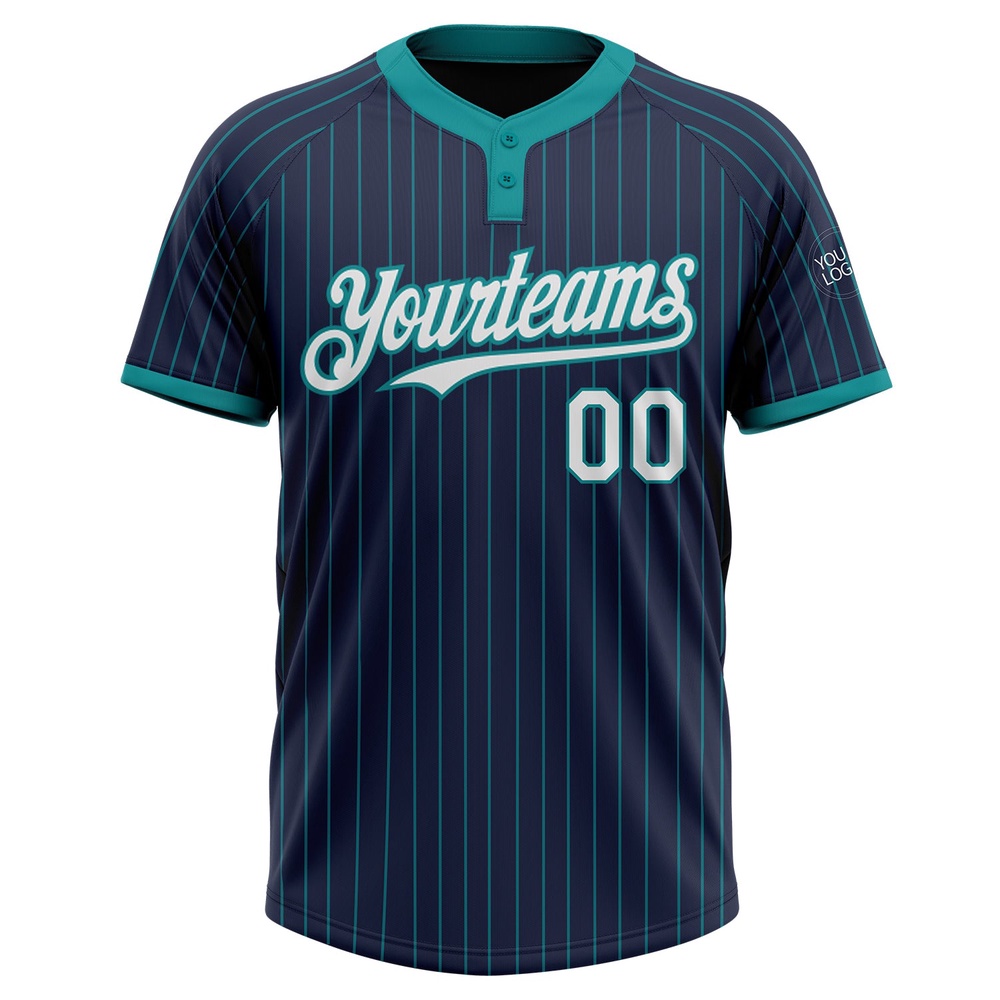 Navy Teal Pinstripe White Two Button Unisex Softball Jersey, Custom Team Softball Jersey Navy Teal Pinstripe White Two Button Unisex Softball Jersey, Custom Team Softball Jersey