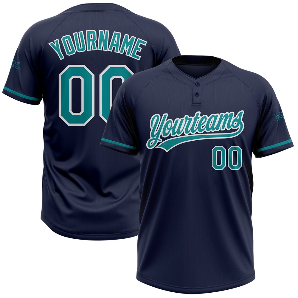 Navy Teal White Two Button Unisex Softball Jersey, Custom Team Softball Jersey