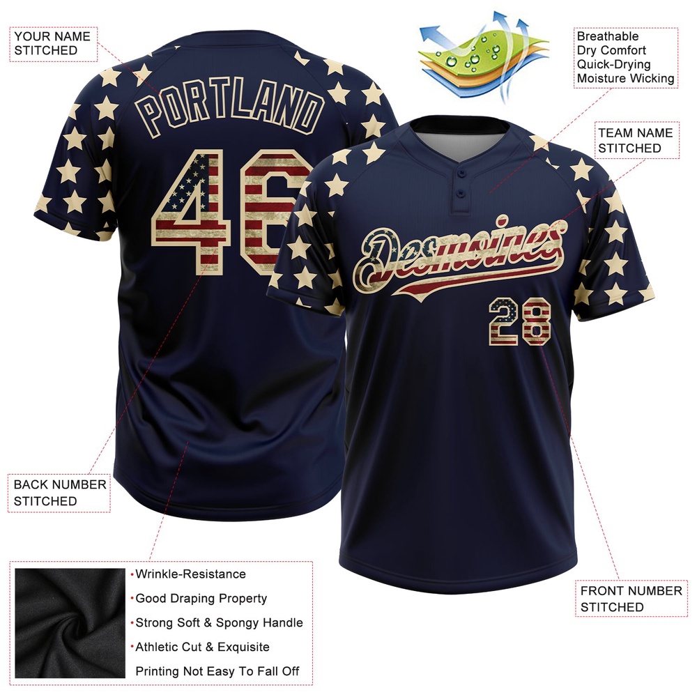 Navy Vintage USA Flag Cream 3D American Flag Fashion Two Button Unisex Softball Jersey, Custom Team Softball Jersey