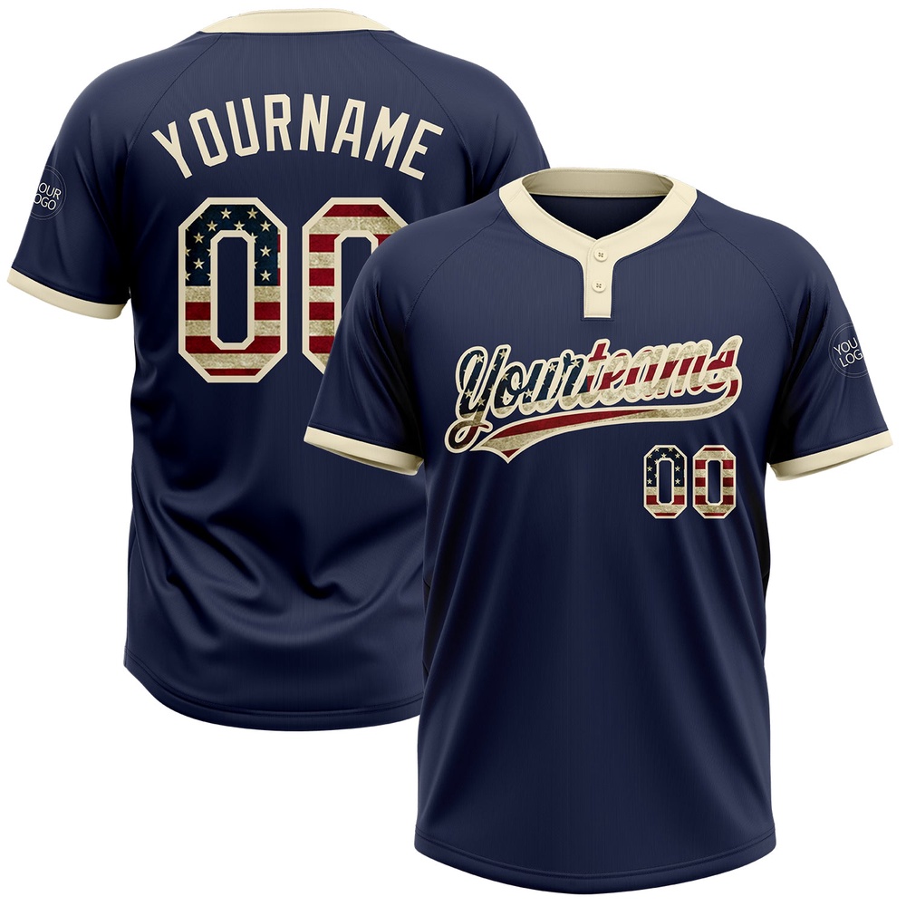 Navy Vintage USA Flag Cream Two Button Unisex Softball Jersey, Custom Team Softball Jersey