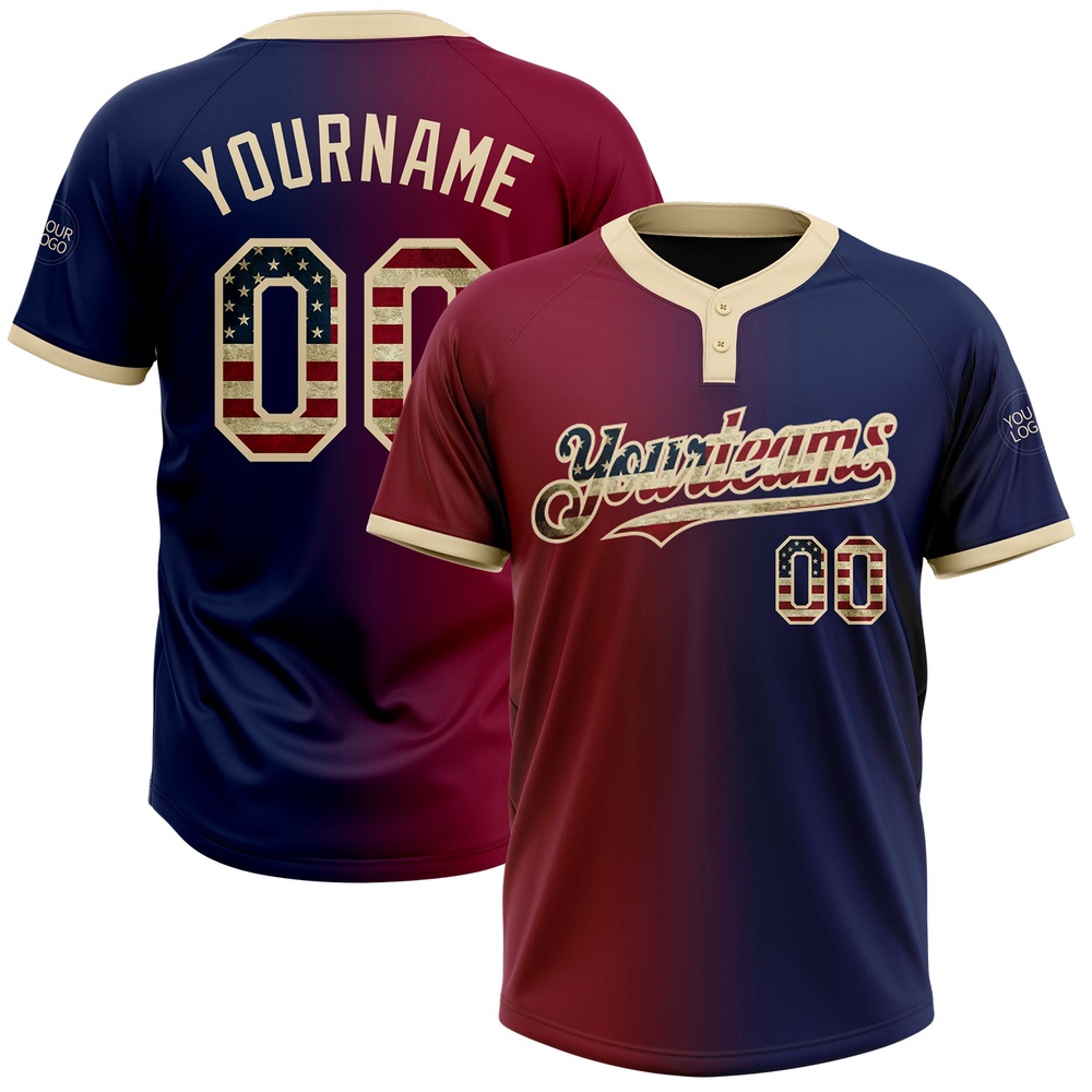 Navy Vintage USA Flag Maroon City Cream Gradient Fashion Two Button Unisex Softball Jersey, Custom Team Softball Jersey